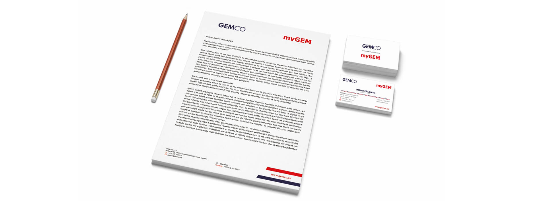 Ukázka grafického a vizuálního stylu firmy GEMCO na hlavičkovém papíru a vizitce