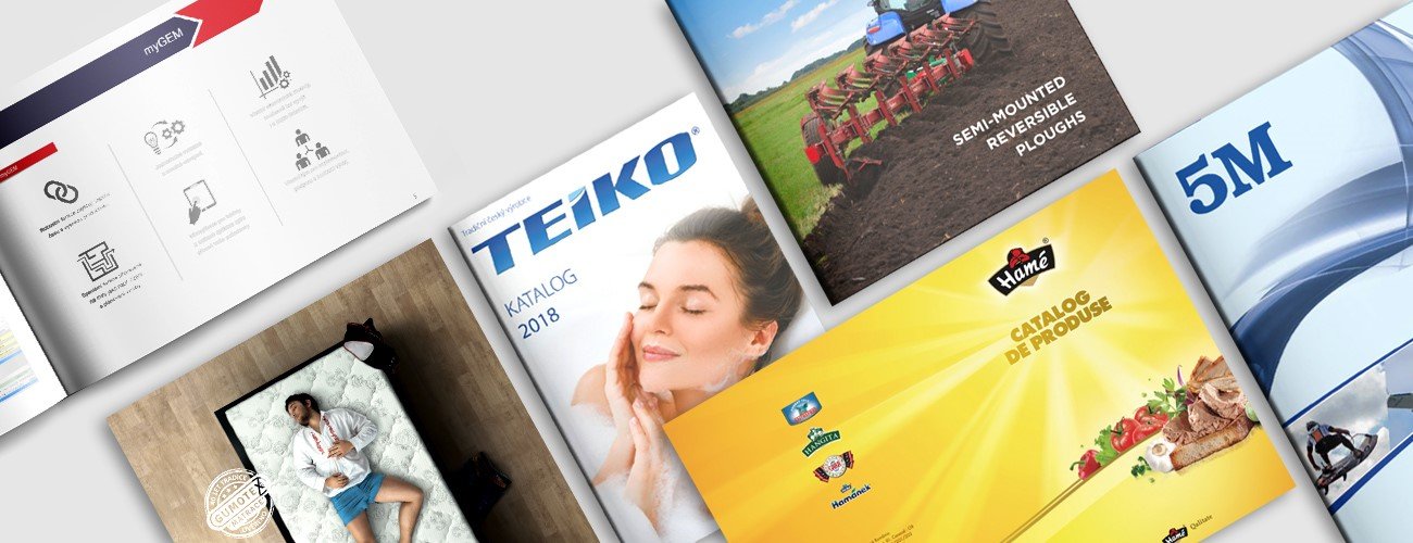 Ukázky grafických prací z grafického studia, katalog 5M, katalog Hamé, katalog zemědělských strojů, katalog Teiko