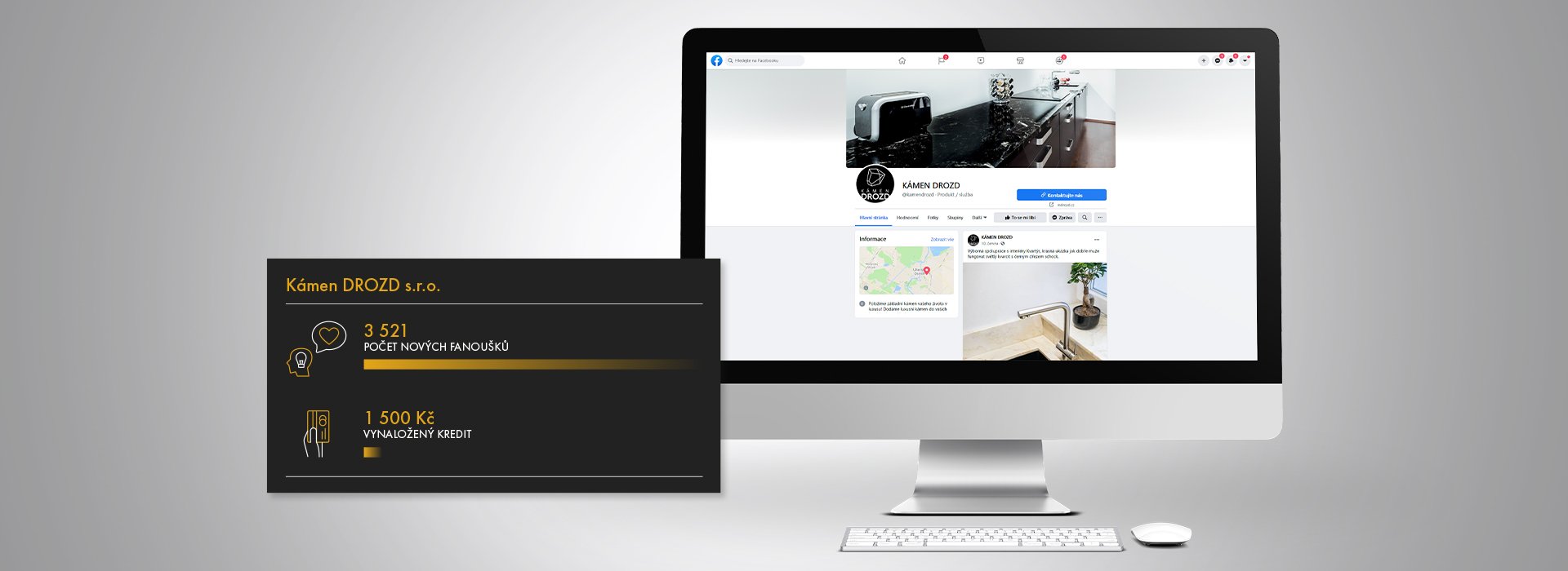 Správa sociálních sítí Kámen Drozd výsledky a ukázka profilu na monitoru