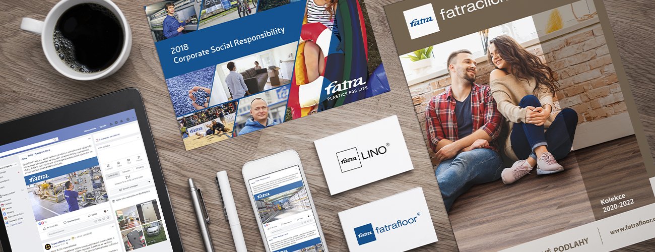 Ukázky grafického manuálu a vizuálního stylu firem, katalog, leták, vizitky, web společnosti Fatra