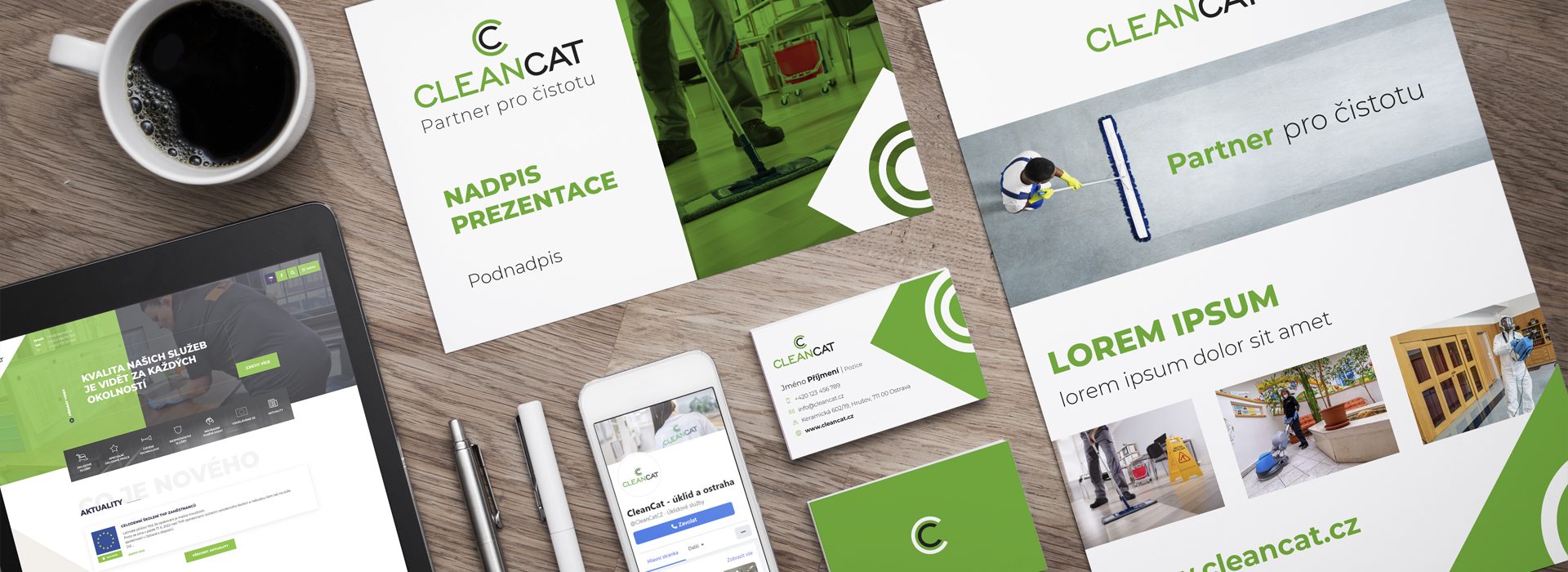 Grafický design CleanCat s.r.o. vizualizace na vizitkách, letáku, webu